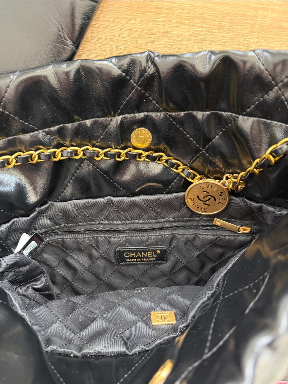 CHANEL Black Quilted Leather Tote with Gold Chain Strap and Pouch - Picture 3 of 4